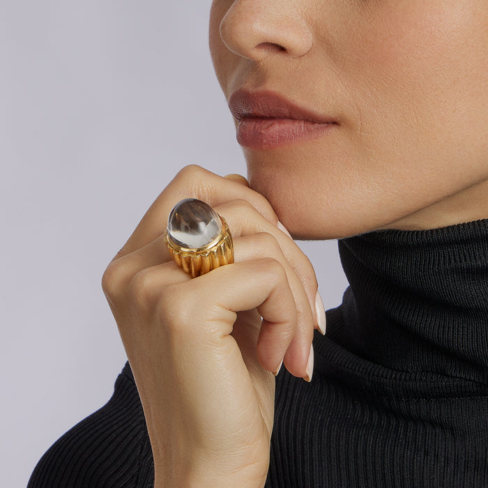 Macklowe Gallery David Webb Rock Crystal and Hammered Gold Bombé Ring