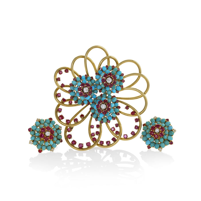 Macklowe Gallery John Rubel Pavé Turquoise and Ruby Brooch and Earrings Suite