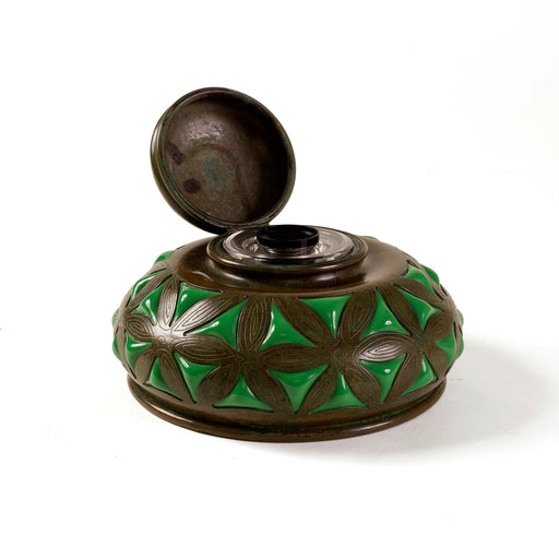 Macklowe Gallery Tiffany Studios New York Bronze and Green Glass Inkwell