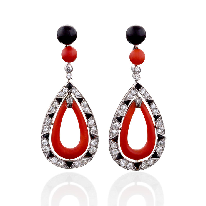Red Coral and Black Onyx Diamond Pendant Drop Earrings