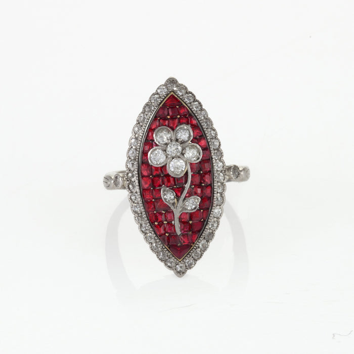 Macklowe Gallery Calibré-Cut Ruby and Diamond Flower Ring