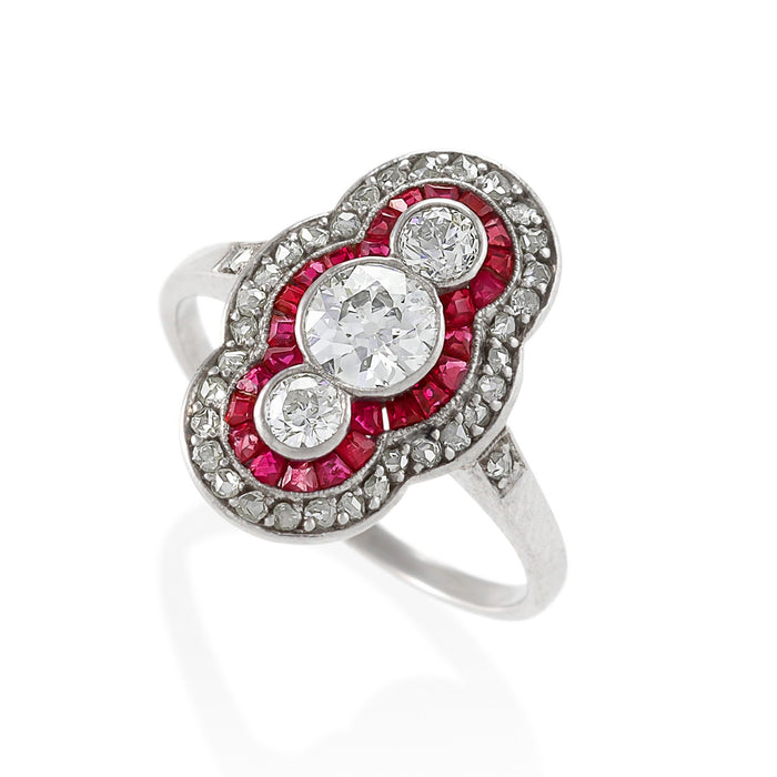 Macklowe Gallery Ruby and Three-Stone Diamond Shield Ring