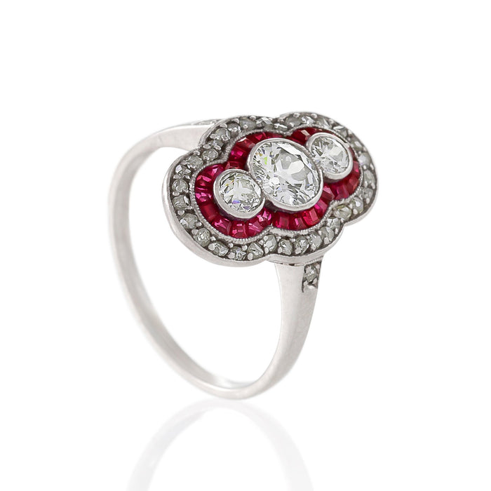 Macklowe Gallery Ruby and Three-Stone Diamond Shield Ring