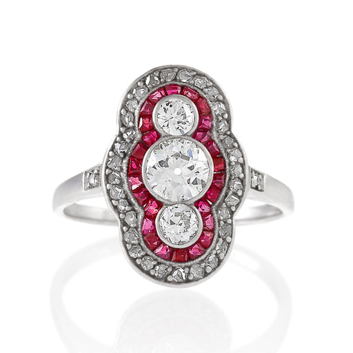 Macklowe Gallery Ruby and Three-Stone Diamond Shield Ring